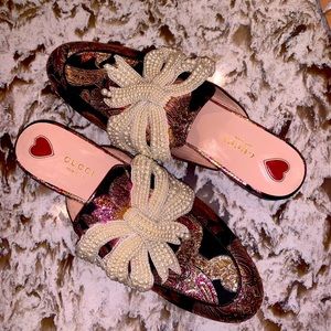 Gucci Pink Brocade Princetown Mule with Pearl Bow